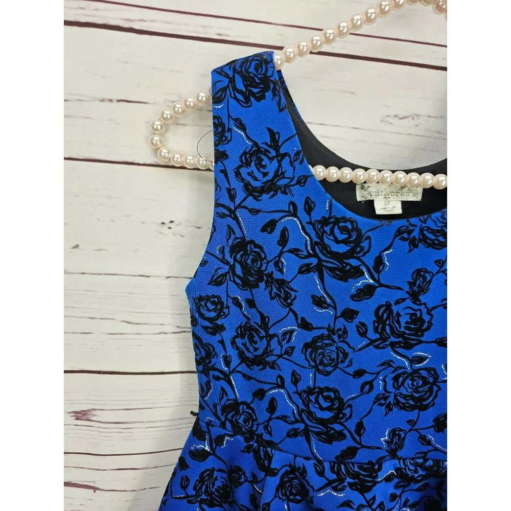 Knitworks Girls Blue Black Floral Sleeveless Dress Size 12‎